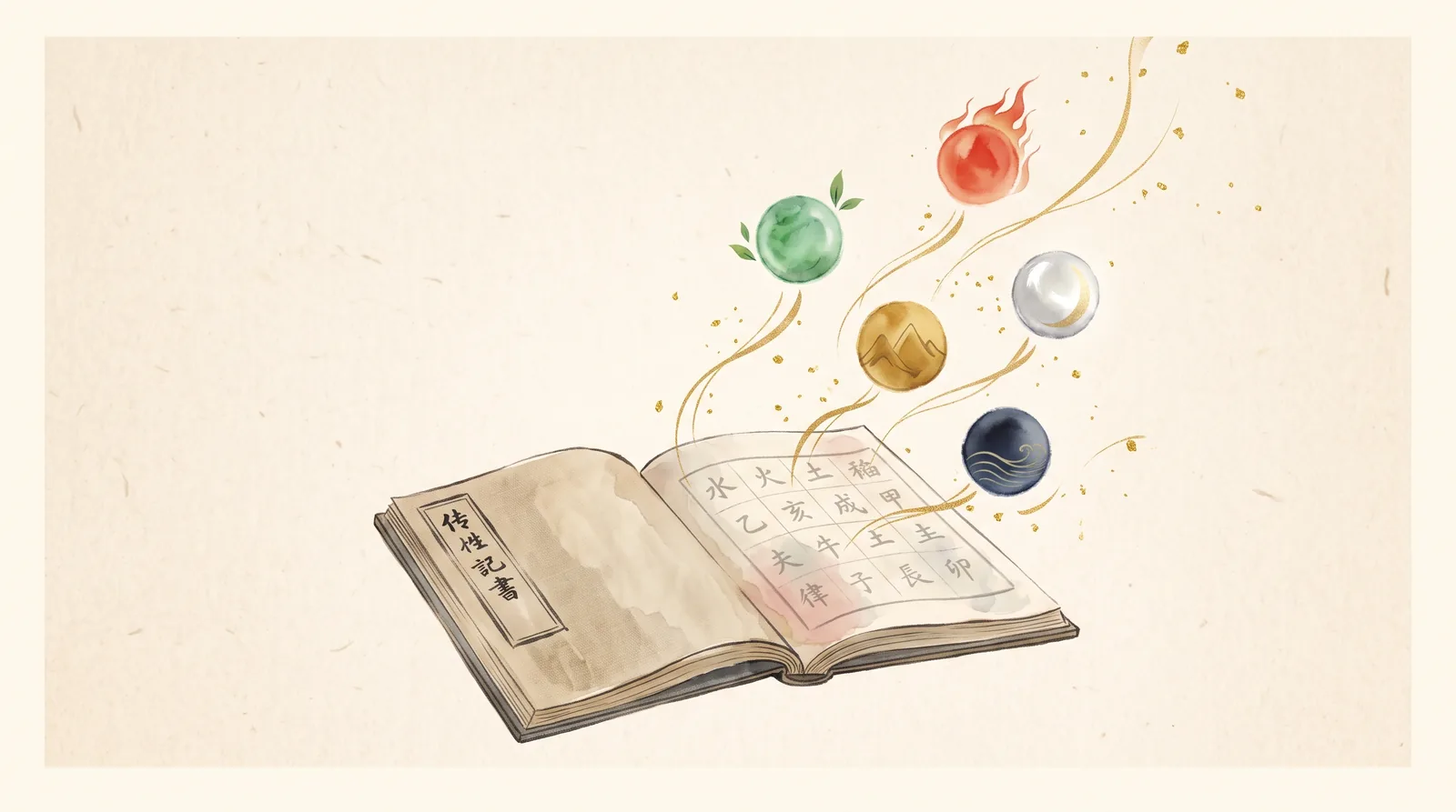 An antique Chinese chart book lying open, the five element orbs rising from its pages on ribbons of gold ink